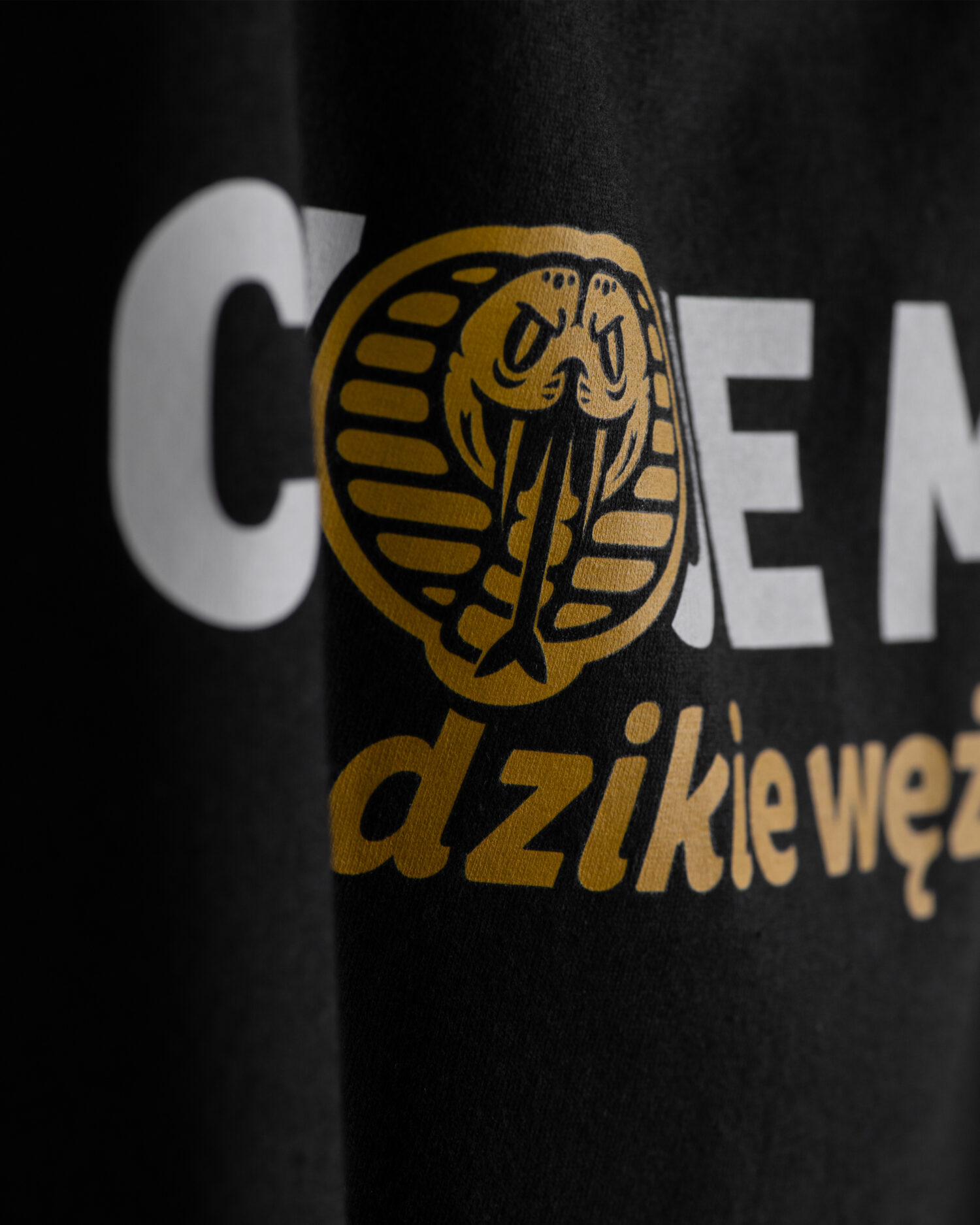 Czarna koszulka marki Dziedzic Pruski ze śmiesznym hasłem nawiązującym do powiedzenia Ch_je Muje Dzikie Wężę, zbliżenie na detal