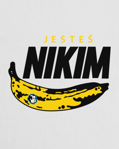 Biała bawełniana koszulka z autorską grafiką Dziedzica Pruskiego kojarzącą się ze słynnym obrazem Andy Warhola przedstawiającym banana. Obraz ten został wykorzystany na okładkę albumy zespołu Velvent Undeground & Nico natomiast tekst JESTEŚ NIKIM kojarzy się z hasłem firmy NIKE.