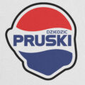 Biała bawełniana koszulka z autorską grafiką Dziedzica Pruskiego kojarzącą się z puszką napoju Pepsi Cola.