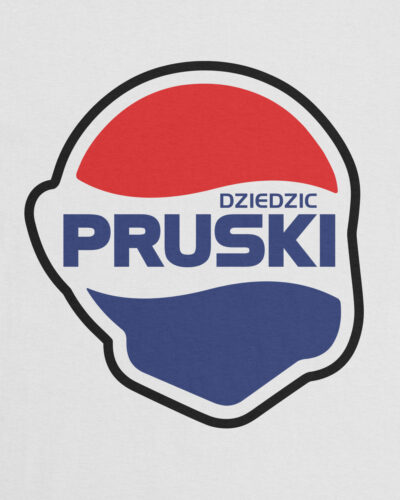 Biała bawełniana koszulka z autorską grafiką Dziedzica Pruskiego kojarzącą się z puszką napoju Pepsi Cola.