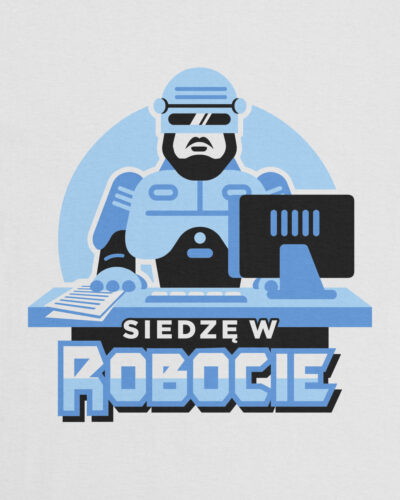 Biała koszulka bawełniana marki Dziedzic Pruski z charakterystycznym autorskim graficznym nadrukiem i hasłem Siedzę W Robocie inspirowanym filmem Robocop.