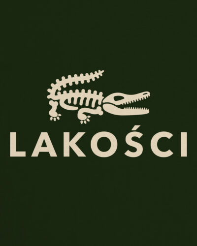 Ciemnozielona koszulka marki Dziedzic Pruski z charakterystycznym autorskim nadrukiem o treści LAKOŚCI i rysunkiem krokodyla tudzież aligatora będacym graficzny nawiązaniem i parodią tenisowych koszulek marki Lacoste.
