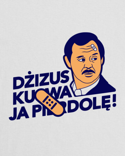 Biała koszulka marki Dziedzic Pruski nawiązująca do filmu Dzień Świra z postacią Adasia Miaułczyńskiego