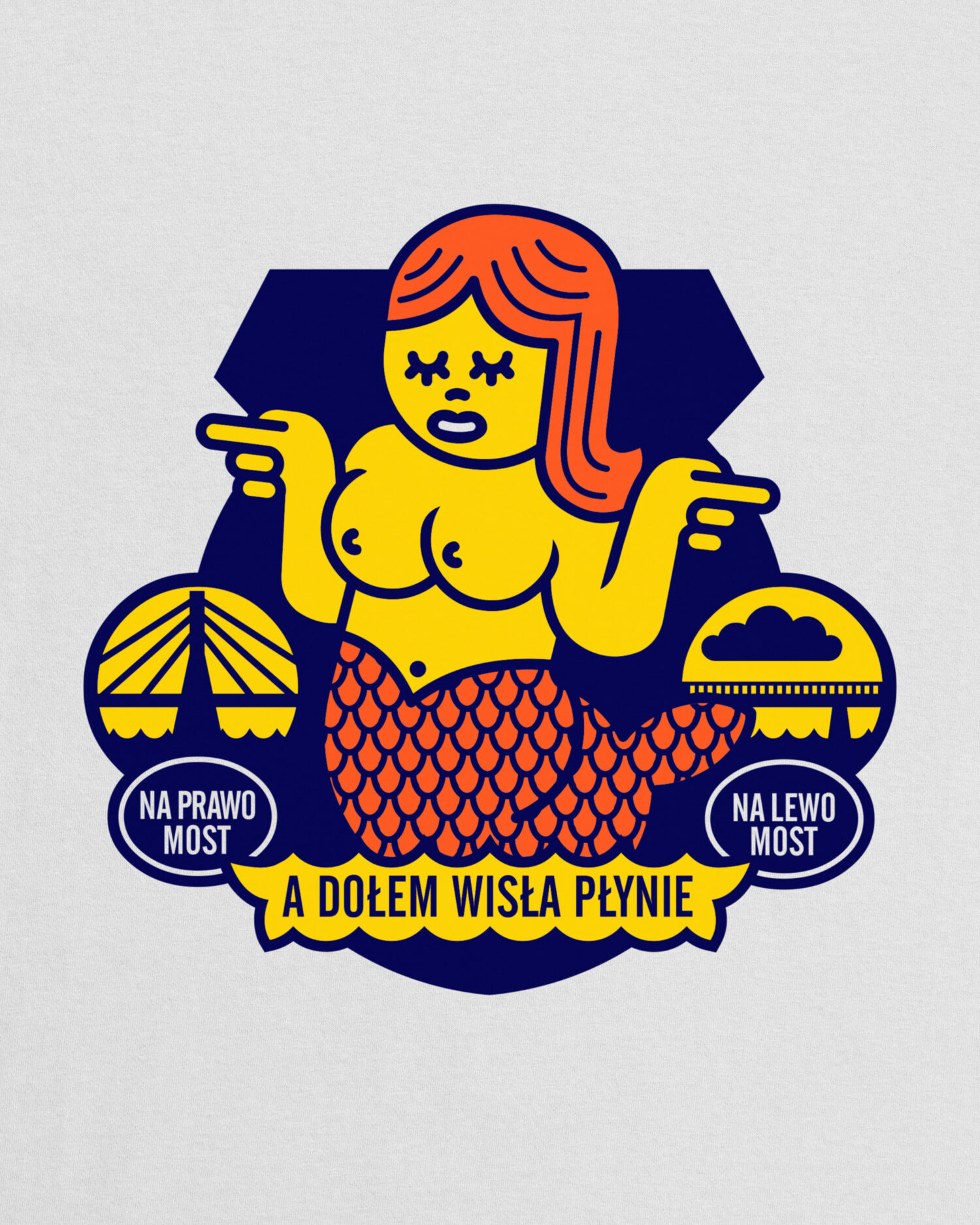 Biała koszulka z kolekcji Warszawski Dziedzic marki Dziedzic Pruski z autorską ilustracją z Syrenką warszawską i hasłem Na prawo most, na lewo most, a dołem Wisła płynie nawiązującym do piosenki Ireny Santor.