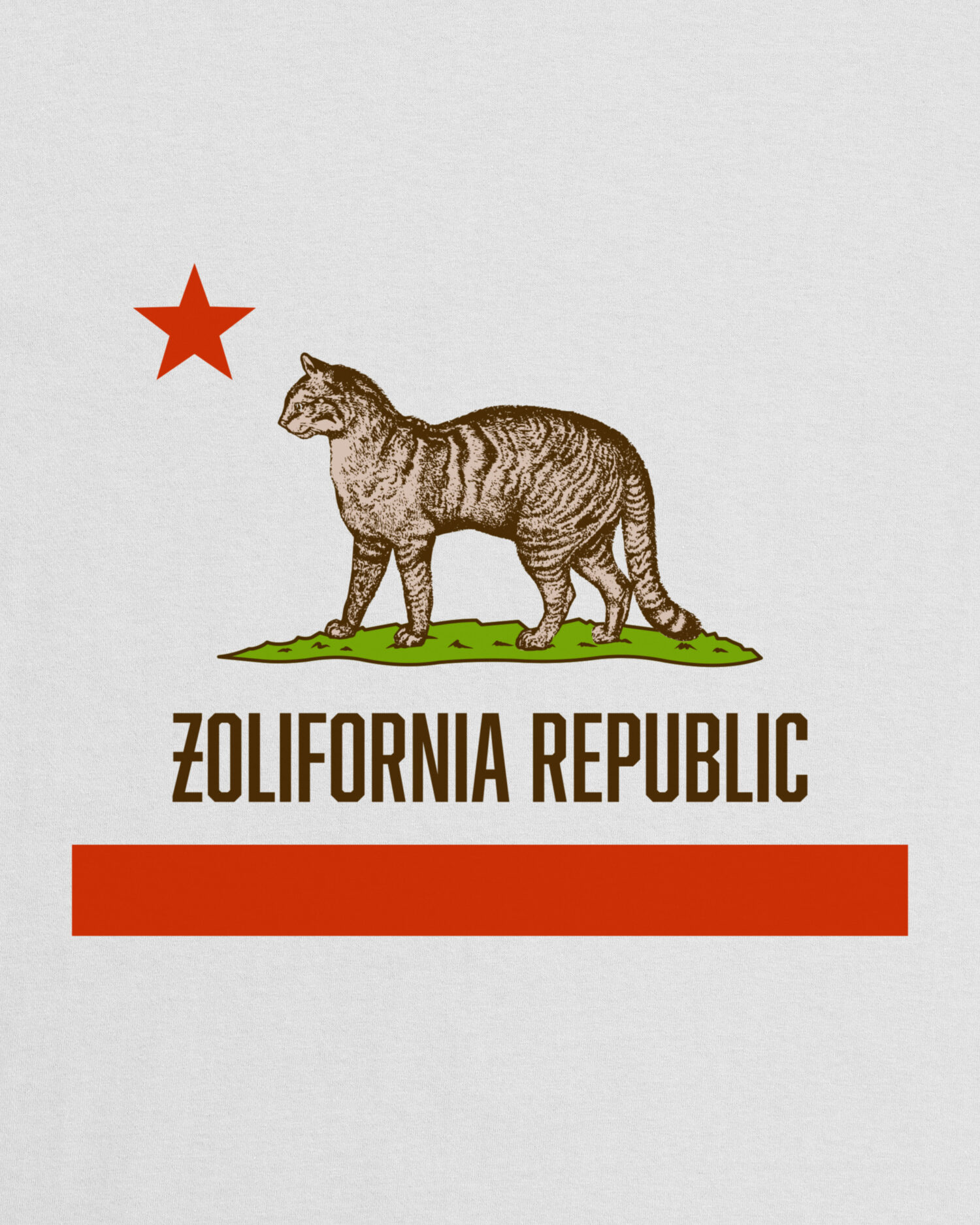 Biała koszulka z kolekcji Warszawski Dziedzic marki Dziedzic Pruski z hasłem Żolifornia Republic i grafiką parodiującą flagę Kalifornii.