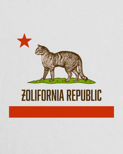 Biała koszulka z kolekcji Warszawski Dziedzic marki Dziedzic Pruski z hasłem Żolifornia Republic i grafiką parodiującą flagę Kalifornii.