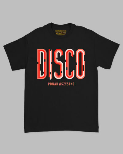 Czarna koszulka marki Dziedzic Pruskie z hasłem Disco ponad Wszystko.