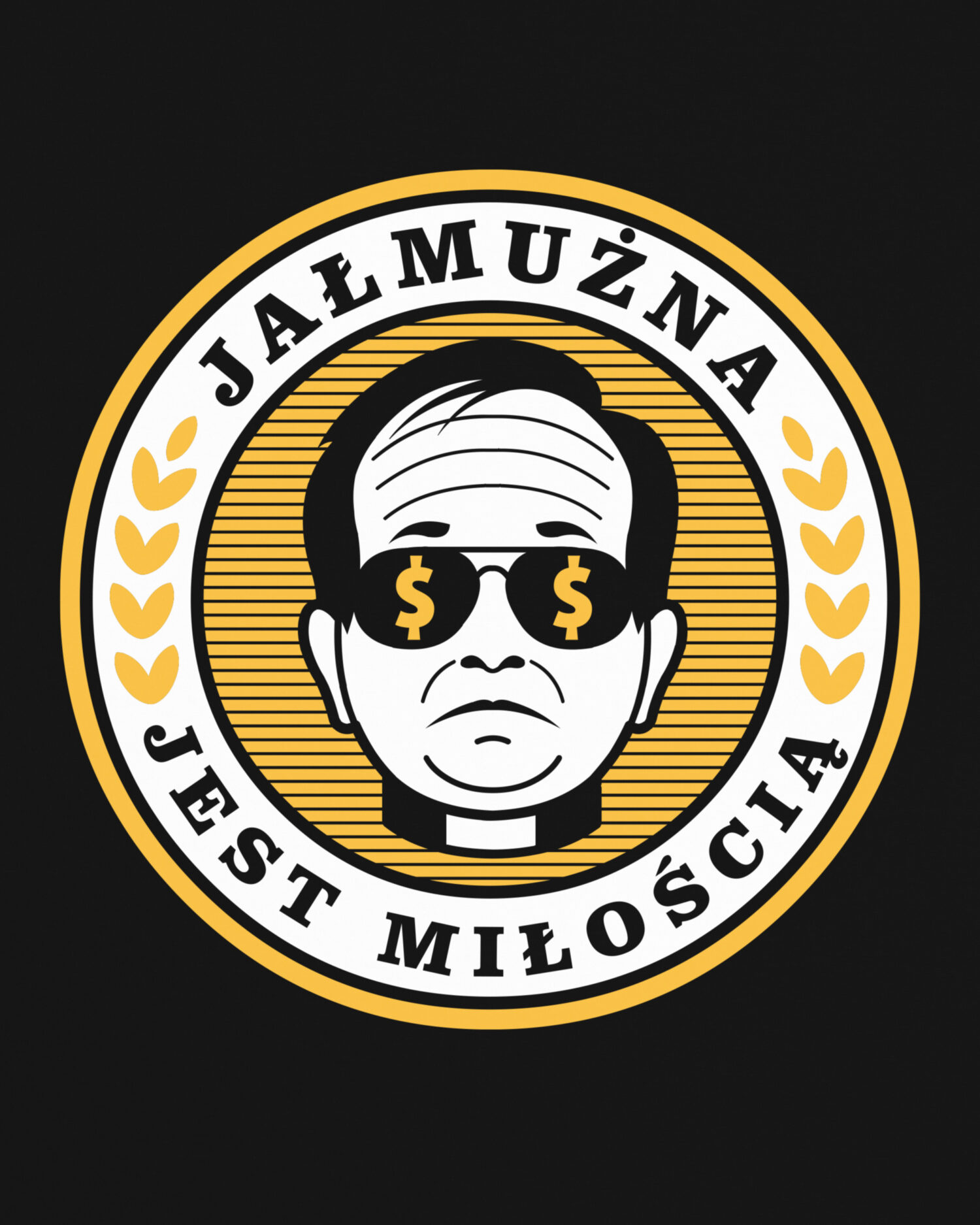 Czarna koszulka marki Dziedzic Pruski z autorską grafiką humorystycznie ilustrującą hasło Jałmużna Jest Miłością