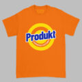 Jaskrawo pomarańczowa koszulka marki Dziedzic Pruski z hasłem Produkt Chorego Systemu.